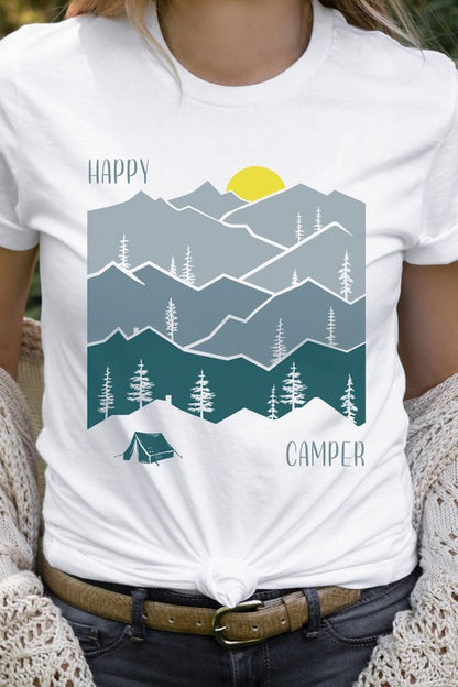 Happy Camper Forest Mountain Sun Rise Graphic Tee Shirt