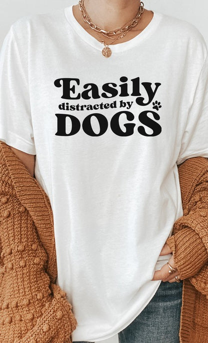 Easily Distracted By Dogs Paw Print Graphic Tee Shirt