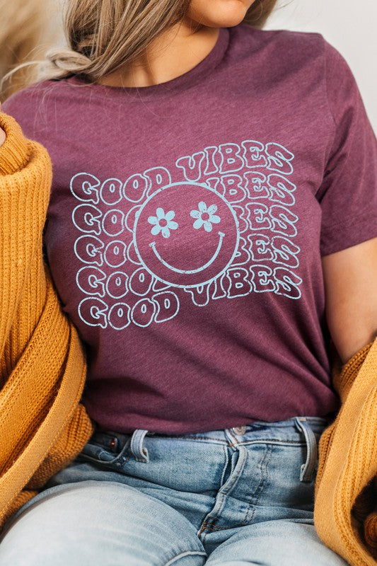 Good Vibes Flower Eyes Smiley Summer Graphic Tee Shirt