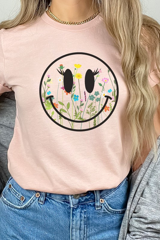 Boho Wildflower Lash Smiley Floral Graphic Tee Shirt