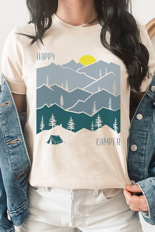 Happy Camper Forest Mountain Sun Rise Graphic Tee Shirt