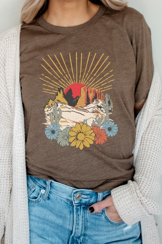 Desert Sunset Arches Floral Cacti Boho Graphic Tee Shirt