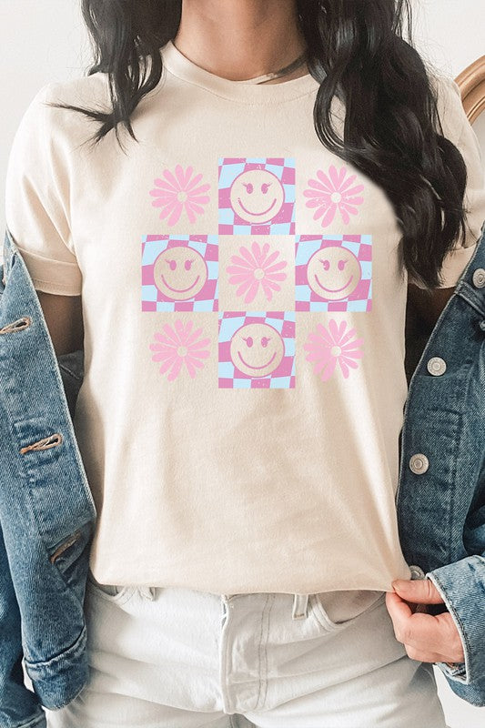 Pastel Checkered Flower Lashes Smiley Graphic Tee Shirt