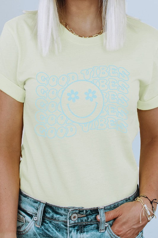 Good Vibes Flower Eyes Smiley Summer Graphic Tee Shirt