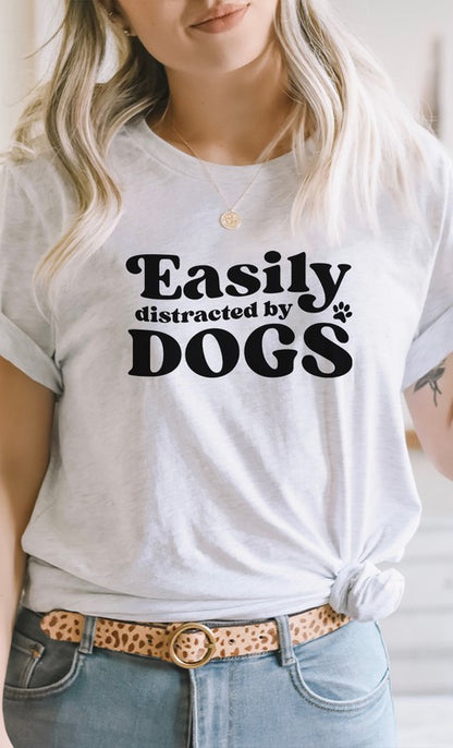 Easily Distracted By Dogs Paw Print Graphic Tee Shirt