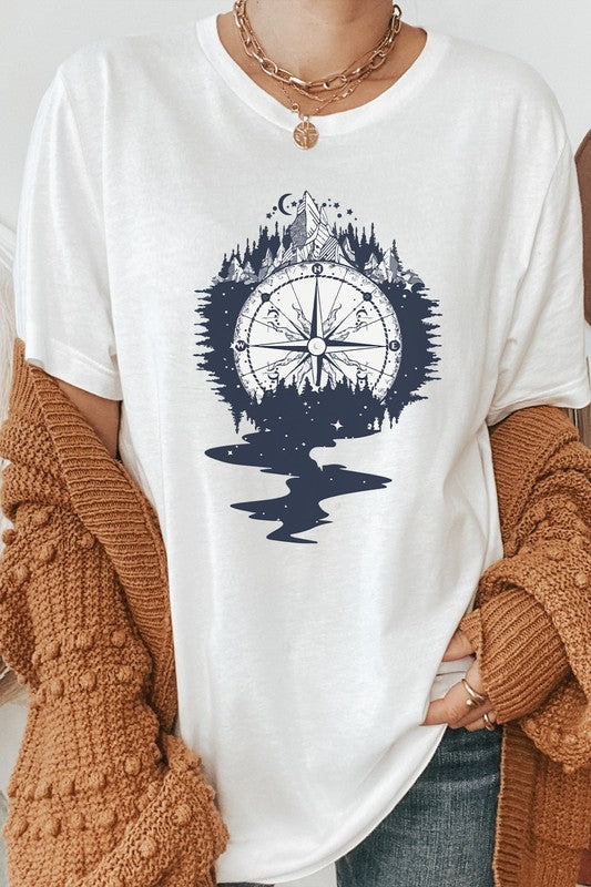 Compass Mountains Forest Night Sky Graphic Tee Shirt