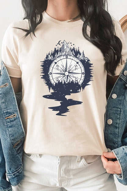 Compass Mountains Forest Night Sky Graphic Tee Shirt