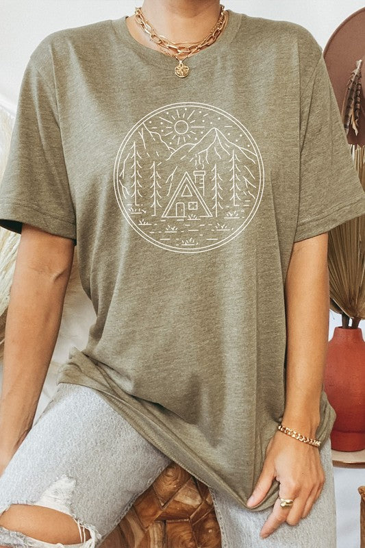 Cabin in Forest Sun Shining Vacation Graphic Tee Shirt