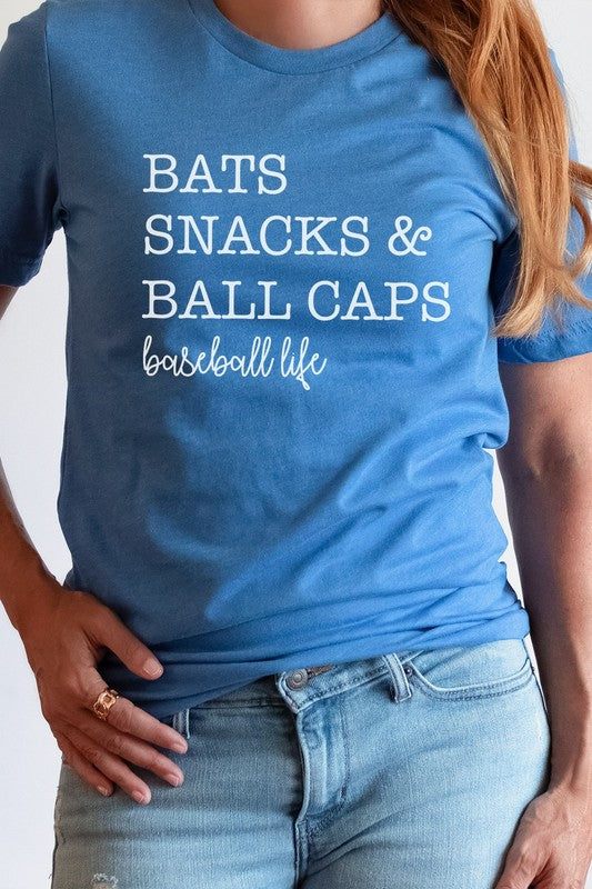 Bats Snacks and BallCaps Baseball Life Graphic Tee Shirt