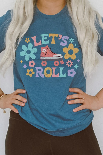 Lets Roll High top Roller Skate Floral Graphic Tee Shirt