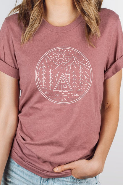 Cabin in Forest Sun Shining Vacation Graphic Tee Shirt