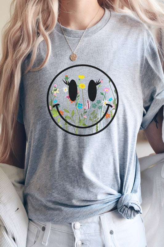 Boho Wildflower Lash Smiley Floral Graphic Tee Shirt