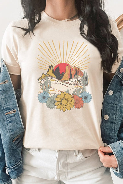 Desert Sunset Arches Floral Cacti Boho Graphic Tee Shirt