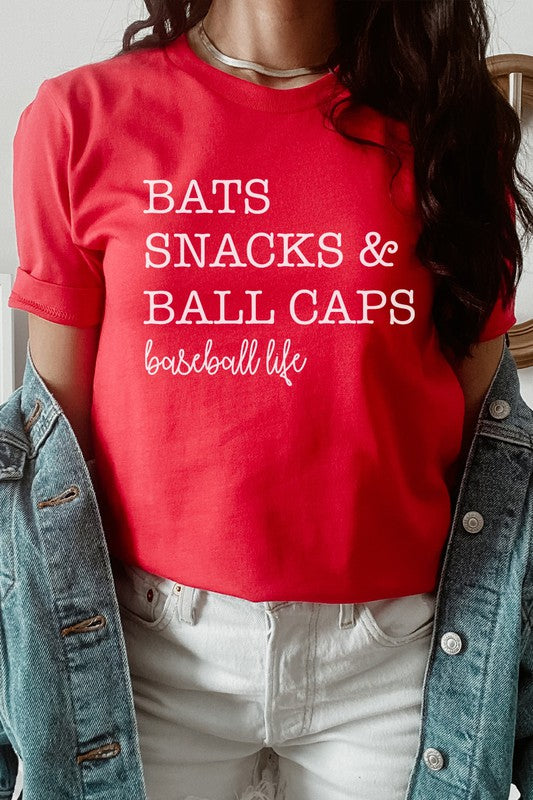 Bats Snacks and BallCaps Baseball Life Graphic Tee Shirt