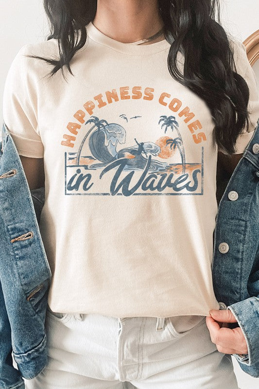 Happiness Comes In Waves Surf Graphic Tee Shirt