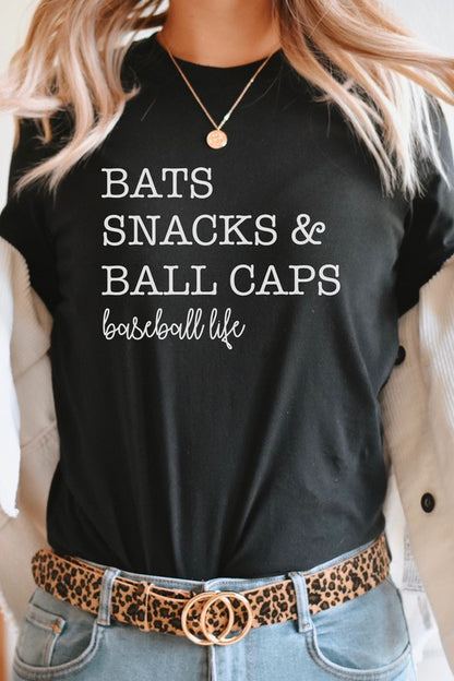 Bats Snacks and BallCaps Baseball Life Graphic Tee Shirt