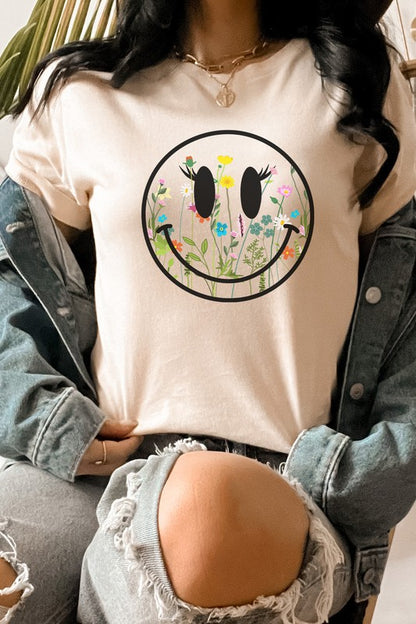 Boho Wildflower Lash Smiley Floral Graphic Tee Shirt