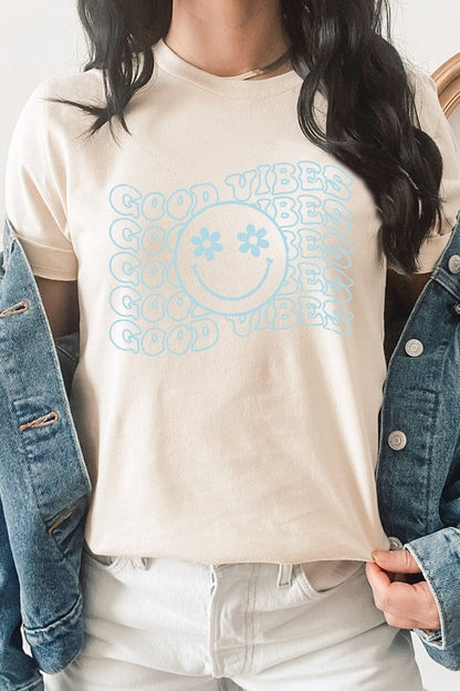 Good Vibes Flower Eyes Smiley Summer Graphic Tee Shirt