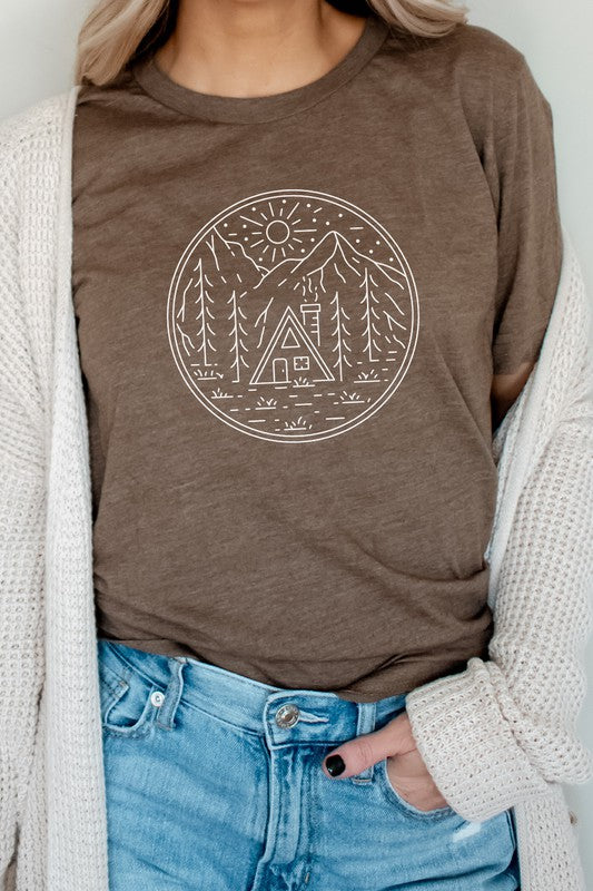 Cabin in Forest Sun Shining Vacation Graphic Tee Shirt