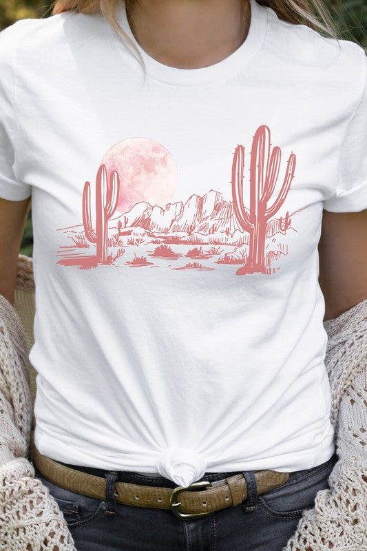 Pink Moon Night Desert Scene Cacti Graphic Tee Shirt