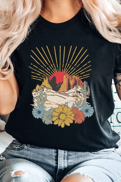 Desert Sunset Arches Floral Cacti Boho Graphic Tee Shirt