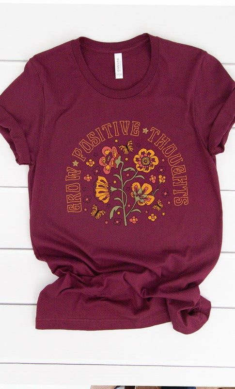 Retro Grow Positive Thoughts Floral Graphic Tee Shirts