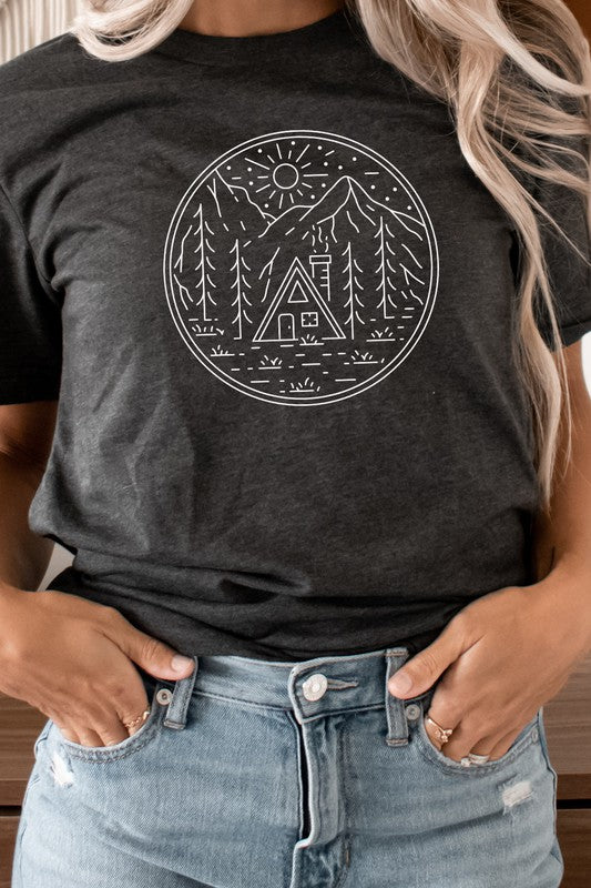 Cabin in Forest Sun Shining Vacation Graphic Tee Shirt