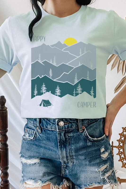 Happy Camper Forest Mountain Sun Rise Graphic Tee Shirt