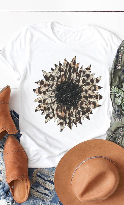 Leopard Print Sunflower Graphic Tee Shirt