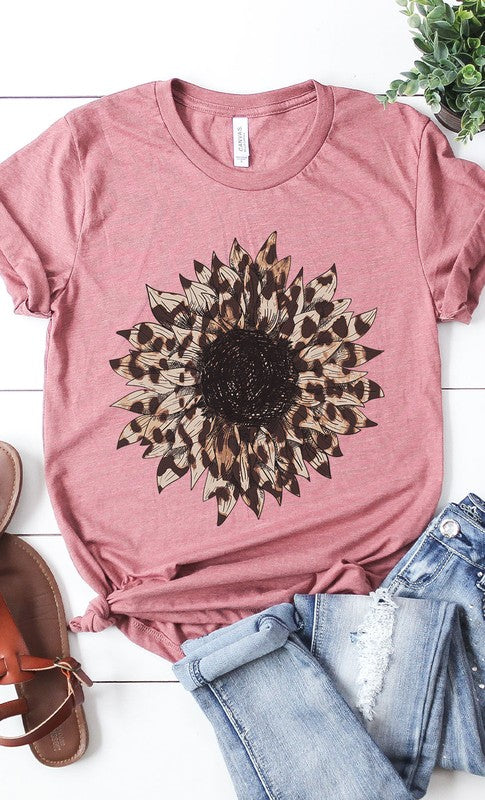 Leopard Print Sunflower Graphic Tee Shirt