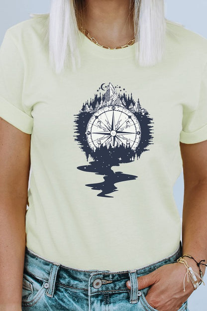 Compass Mountains Forest Night Sky Graphic Tee Shirt