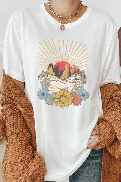 Desert Sunset Arches Floral Cacti Boho Graphic Tee Shirt