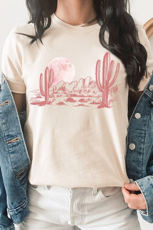 Pink Moon Night Desert Scene Cacti Graphic Tee Shirt