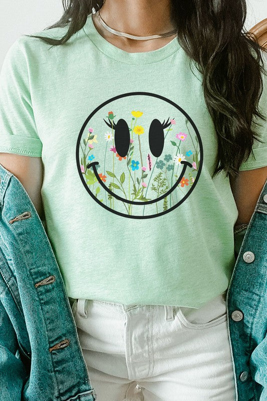 Boho Wildflower Lash Smiley Floral Graphic Tee Shirt