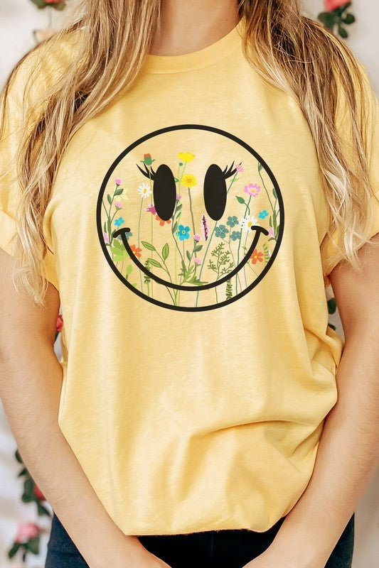 Boho Wildflower Lash Smiley Floral Graphic Tee Shirt