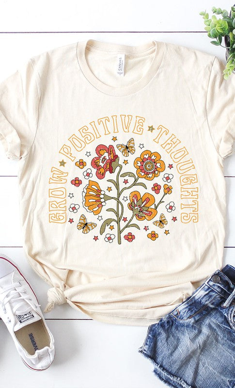 Retro Grow Positive Thoughts Floral Graphic Tee Shirts