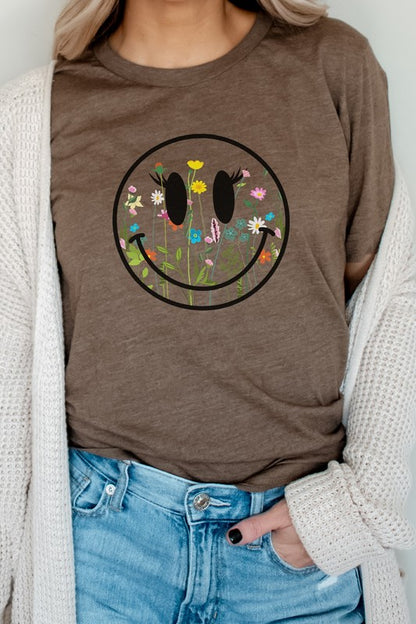 Boho Wildflower Lash Smiley Floral Graphic Tee Shirt