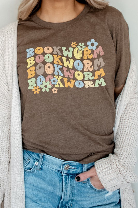 Book Worm Reading Floral School Fall Graphic Tee Shirt