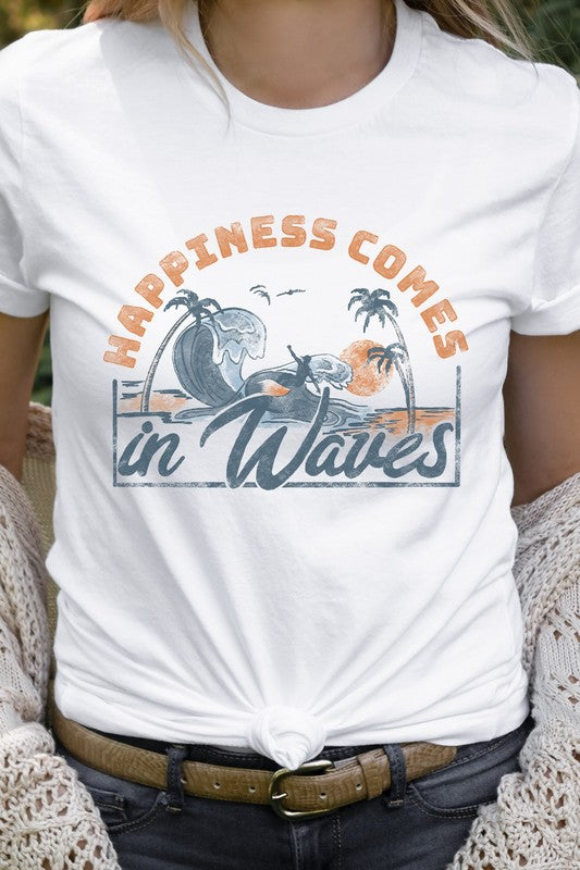 Happiness Comes In Waves Surf Graphic Tee Shirt