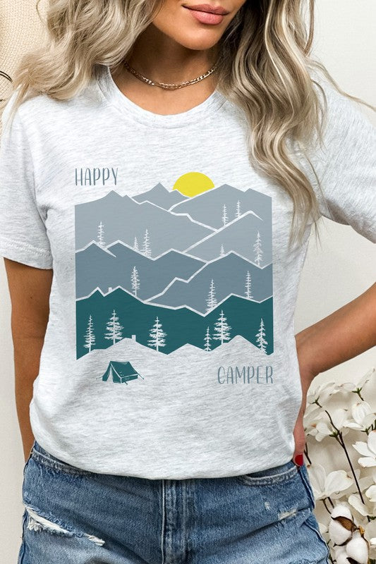 Happy Camper Forest Mountain Sun Rise Graphic Tee Shirt