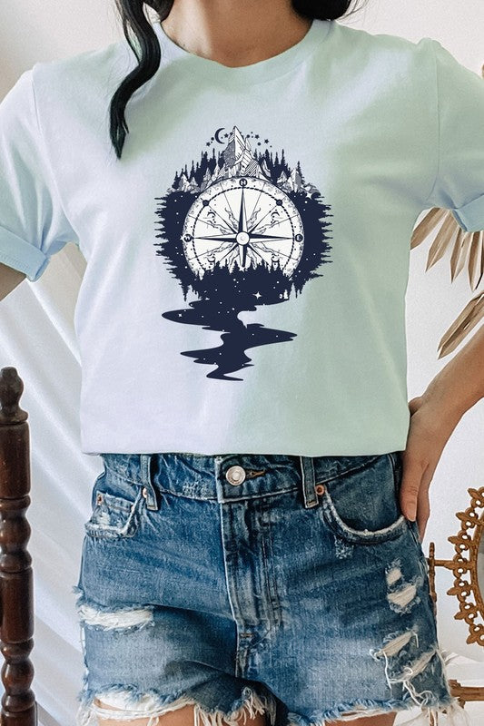 Compass Mountains Forest Night Sky Graphic Tee Shirt