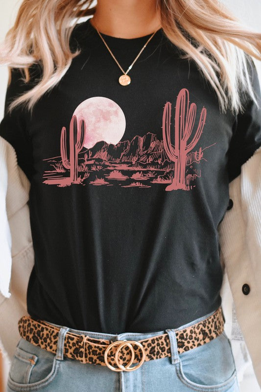 Pink Moon Night Desert Scene Cacti Graphic Tee Shirt