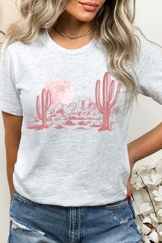 Pink Moon Night Desert Scene Cacti Graphic Tee Shirt