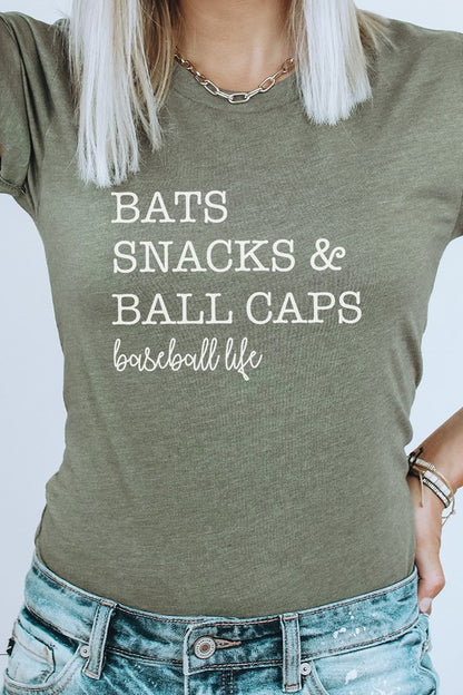 Bats Snacks and BallCaps Baseball Life Graphic Tee Shirt