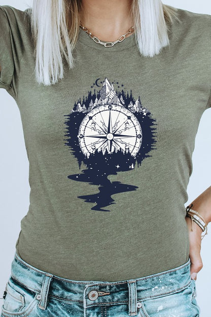 Compass Mountains Forest Night Sky Graphic Tee Shirt