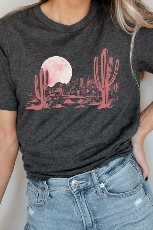 Pink Moon Night Desert Scene Cacti Graphic Tee Shirt