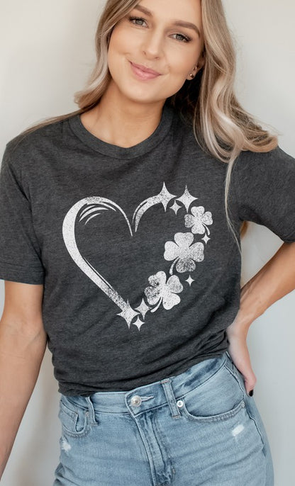 Distressed Clover Heart St Patricks Graphic Tee Shirt