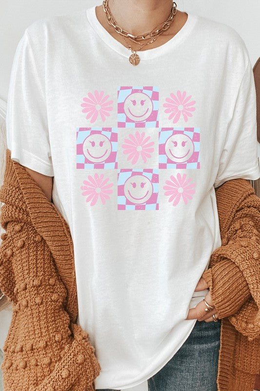 Pastel Checkered Flower Lashes Smiley Graphic Tee Shirt