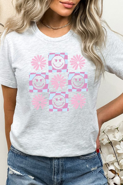 Pastel Checkered Flower Lashes Smiley Graphic Tee Shirt