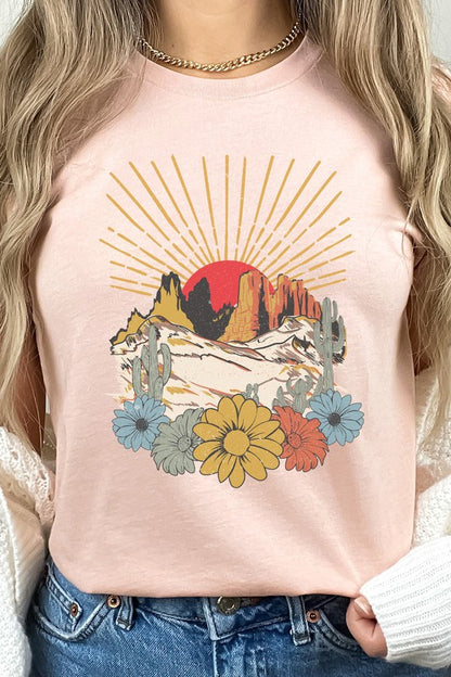 Desert Sunset Arches Floral Cacti Boho Graphic Tee Shirt